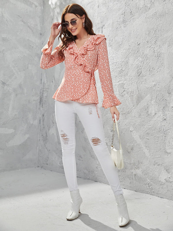 Camisa cruzada con estampado floral ribete con fruncido de manga con volante con nudo lateral