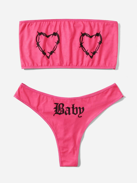 Set de lenceria con patron de corazon sin tira