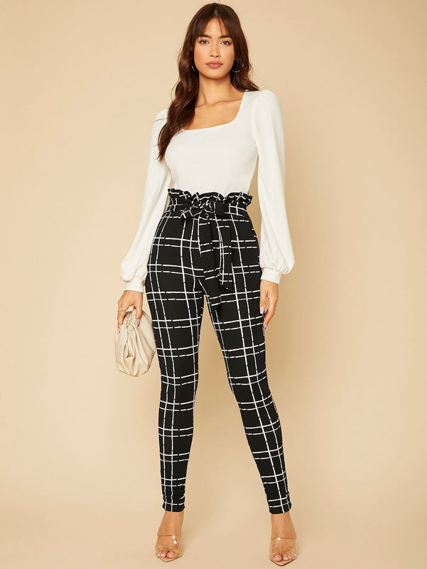 Tall Pantalones ajustados de cuadros de cintura con volante