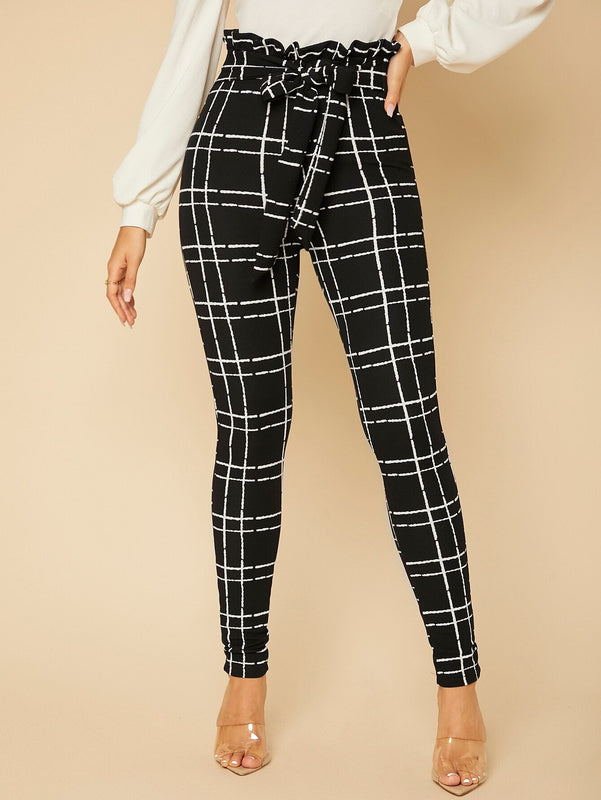 Tall Pantalones ajustados de cuadros de cintura con volante
