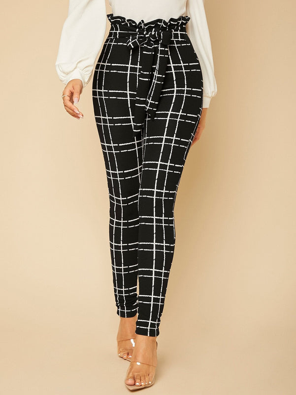 Tall Pantalones ajustados de cuadros de cintura con volante