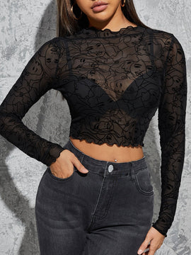 Prive Top corto de cuello alto ribete en forma de lechuga con estampado de figura