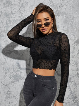 Prive Top corto de cuello alto ribete en forma de lechuga con estampado de figura