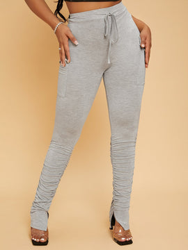 SXY Pantalones de cintura con cordon con bolsillo con solapa fruncido bajo con abertura