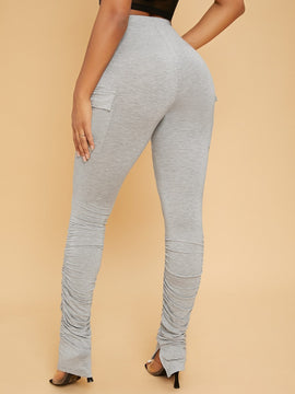 SXY Pantalones de cintura con cordon con bolsillo con solapa fruncido bajo con abertura