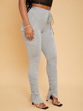 SXY Pantalones de cintura con cordon con bolsillo con solapa fruncido bajo con abertura
