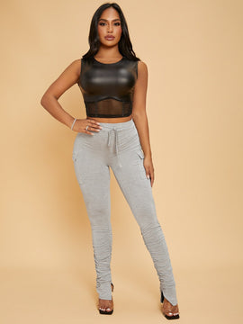 SXY Pantalones de cintura con cordon con bolsillo con solapa fruncido bajo con abertura