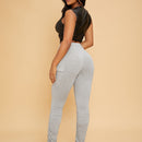 SXY Pantalones de cintura con cordon con bolsillo con solapa fruncido bajo con abertura