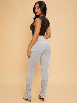 SXY Pantalones de cintura con cordon con bolsillo con solapa fruncido bajo con abertura