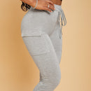 SXY Pantalones de cintura con cordon con bolsillo con solapa fruncido bajo con abertura