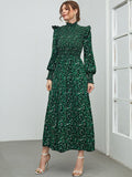Mulvari Vestido con estampado floral ribete con fruncido de cuello alto de manga farol