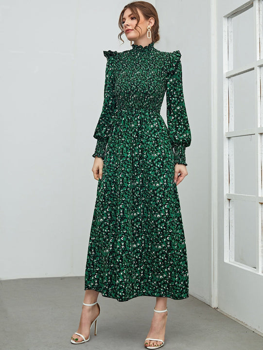 Mulvari Vestido con estampado floral ribete con fruncido de cuello alto de manga farol