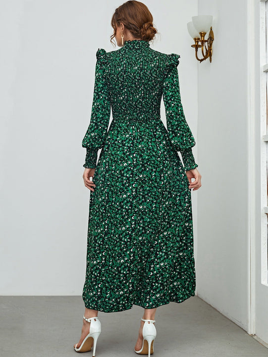 Mulvari Vestido con estampado floral ribete con fruncido de cuello alto de manga farol