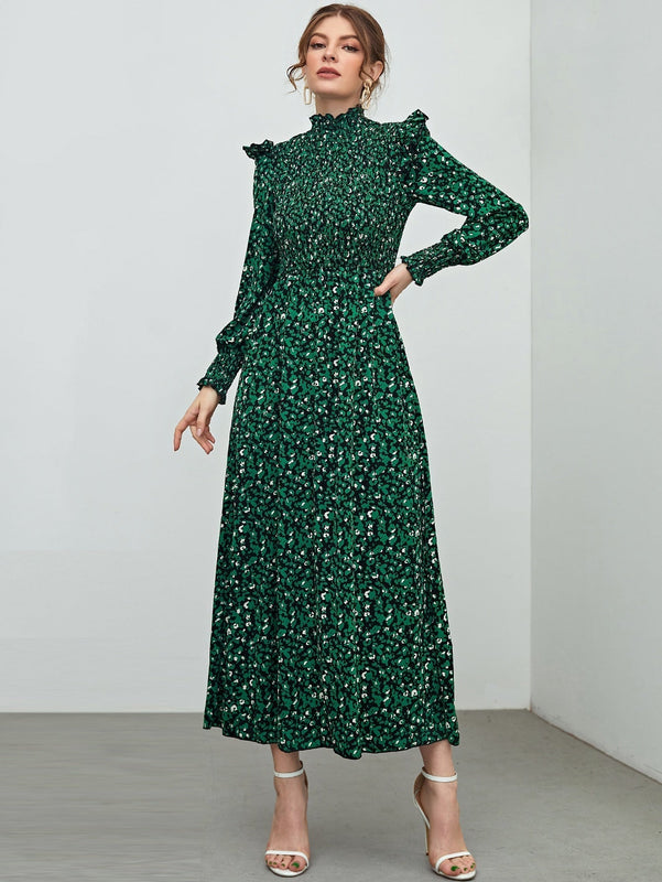 Mulvari Vestido con estampado floral ribete con fruncido de cuello alto de manga farol
