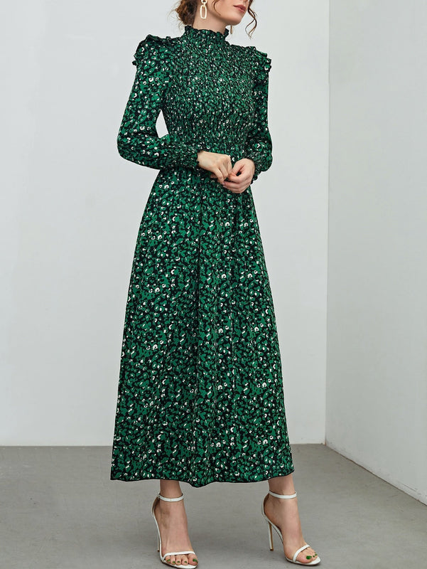 Mulvari Vestido con estampado floral ribete con fruncido de cuello alto de manga farol
