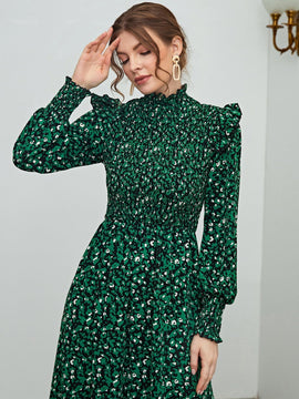 Mulvari Vestido con estampado floral ribete con fruncido de cuello alto de manga farol