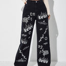 ICON Jeans de talle alto con letra & con patron de fuego de pierna ancha