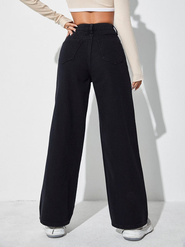 ICON Jeans de talle alto con letra & con patron de fuego de pierna ancha
