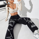 ICON Jeans de talle alto con letra & con patron de fuego de pierna ancha