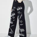 ICON Jeans de talle alto con letra & con patron de fuego de pierna ancha