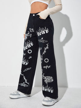 ICON Jeans de talle alto con letra & con patron de fuego de pierna ancha