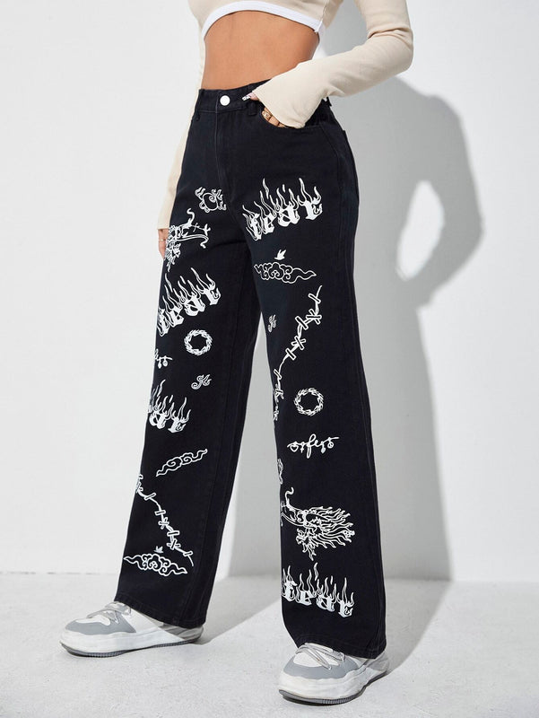 ICON Jeans de talle alto con letra & con patron de fuego de pierna ancha