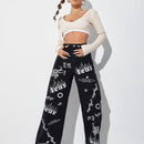 ICON Jeans de talle alto con letra & con patron de fuego de pierna ancha