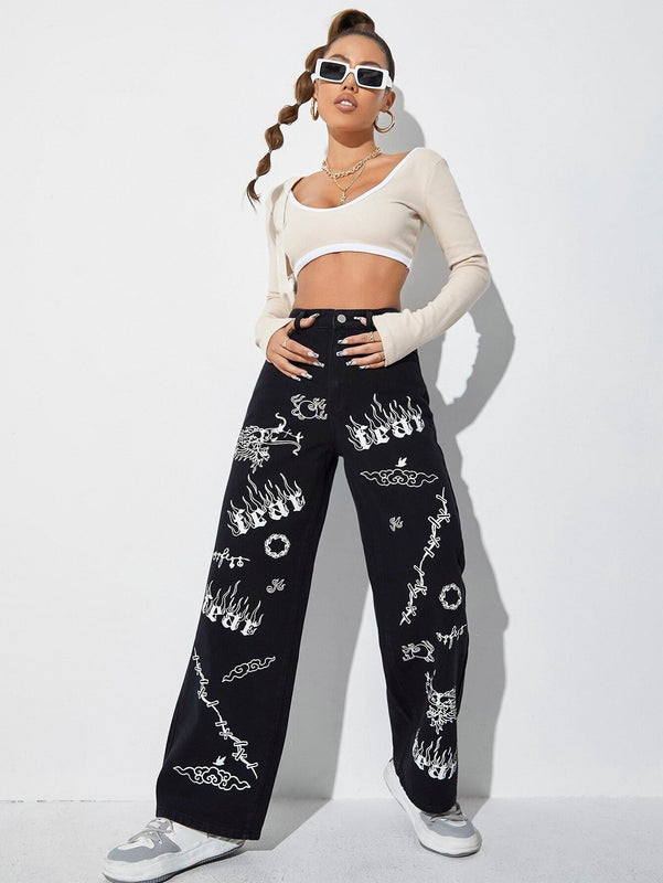 ICON Jeans de talle alto con letra & con patron de fuego de pierna ancha