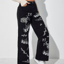 ICON Jeans de talle alto con letra & con patron de fuego de pierna ancha