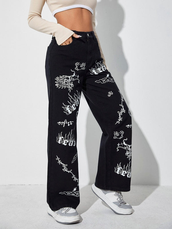 ICON Jeans de talle alto con letra & con patron de fuego de pierna ancha