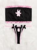 ROMWE Kawaii Set de lenceria bandeau con estampado de dibujos animados ribete fruncido