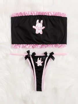 ROMWE Kawaii Set de lenceria bandeau con estampado de dibujos animados ribete fruncido