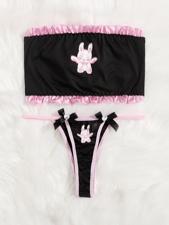 ROMWE Kawaii Set de lenceria bandeau con estampado de dibujos animados ribete fruncido