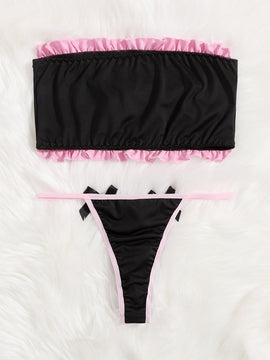 ROMWE Kawaii Set de lenceria bandeau con estampado de dibujos animados ribete fruncido
