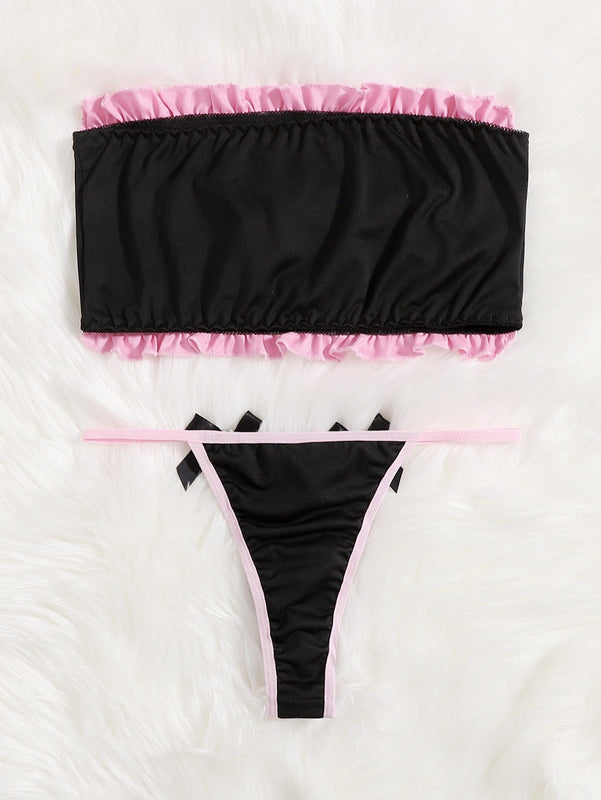 ROMWE Kawaii Set de lenceria bandeau con estampado de dibujos animados ribete fruncido