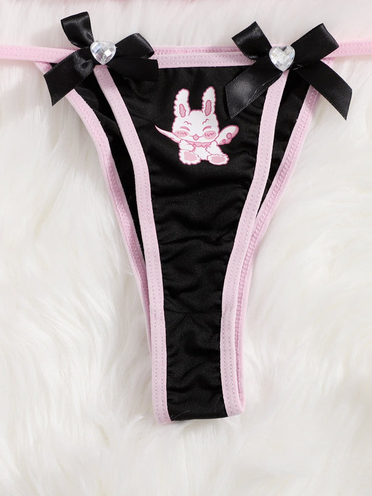 ROMWE Kawaii Set de lenceria bandeau con estampado de dibujos animados ribete fruncido