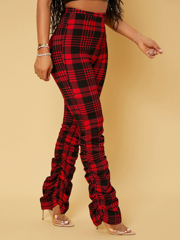 SXY Pantalones de talle alto con estampado de cuadros fruncido