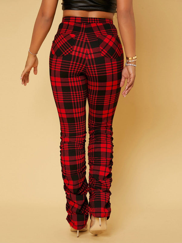 SXY Pantalones de talle alto con estampado de cuadros fruncido