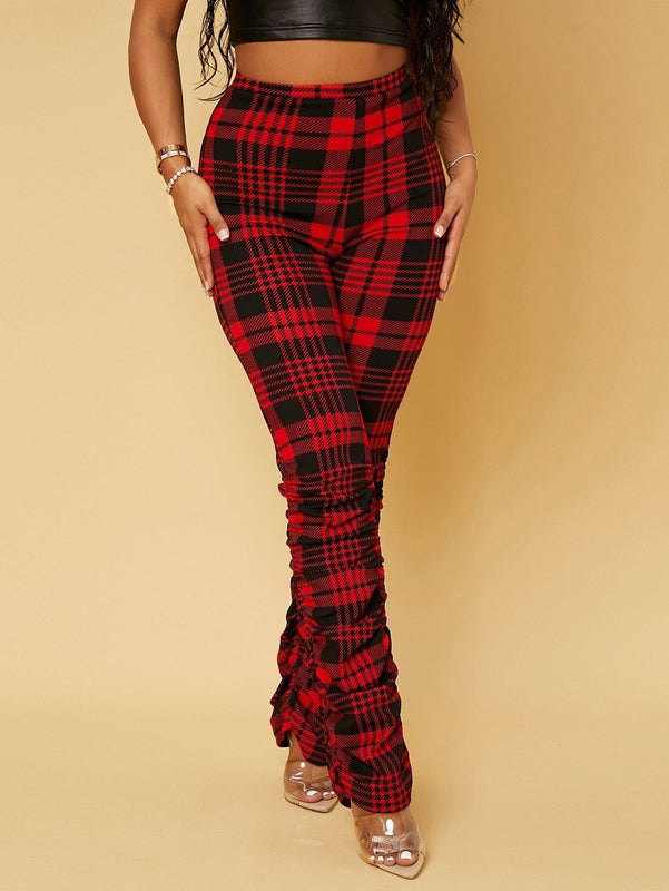 SXY Pantalones de talle alto con estampado de cuadros fruncido