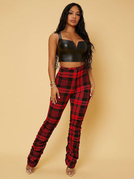 SXY Pantalones de talle alto con estampado de cuadros fruncido
