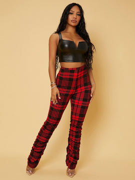 SXY Pantalones de talle alto con estampado de cuadros fruncido