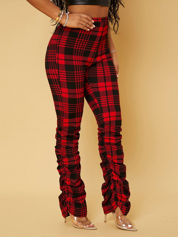 SXY Pantalones de talle alto con estampado de cuadros fruncido