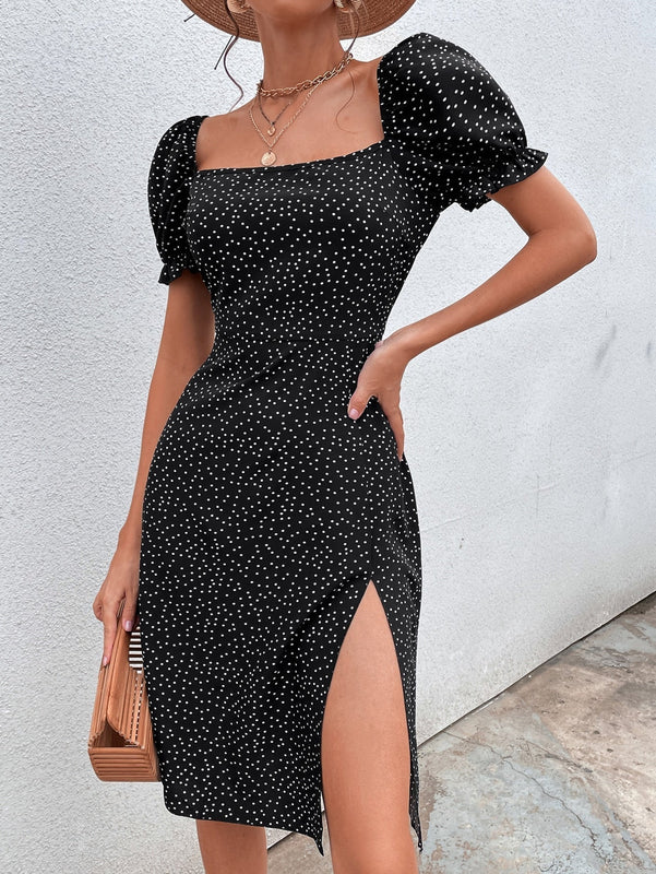 Prive Vestido con estampado de lunares de manga farol de muslo con abertura