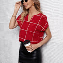 Clasi Blusa con estampado de cuadros de cuello de muesca de manga murcielago