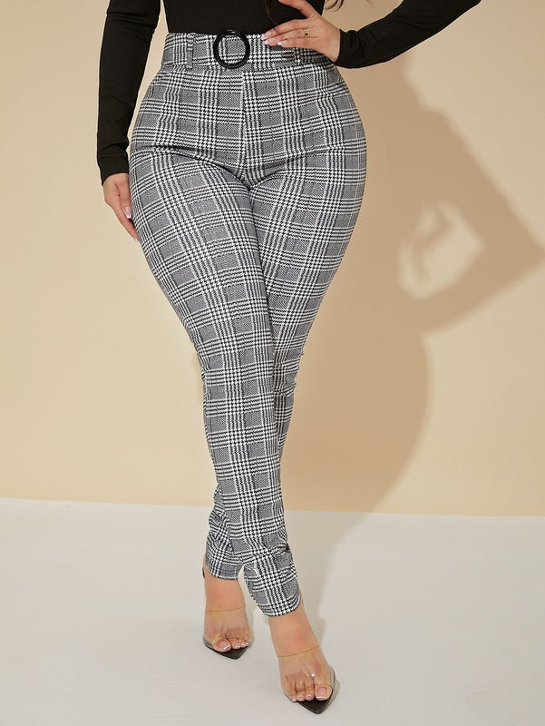SXY Pantalones Sexys De Cintura Alta Con Cinturon De Cuadros Glen