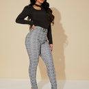 Sxy pantalones con cinturon de tela escocesa de talle alto sexy