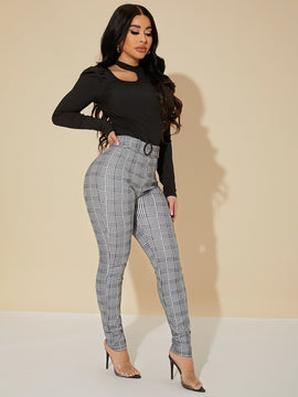SXY Pantalones Sexys De Cintura Alta Con Cinturon De Cuadros Glen