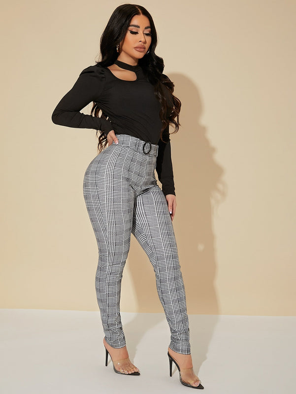 SXY Pantalones Sexys De Cintura Alta Con Cinturon De Cuadros Glen