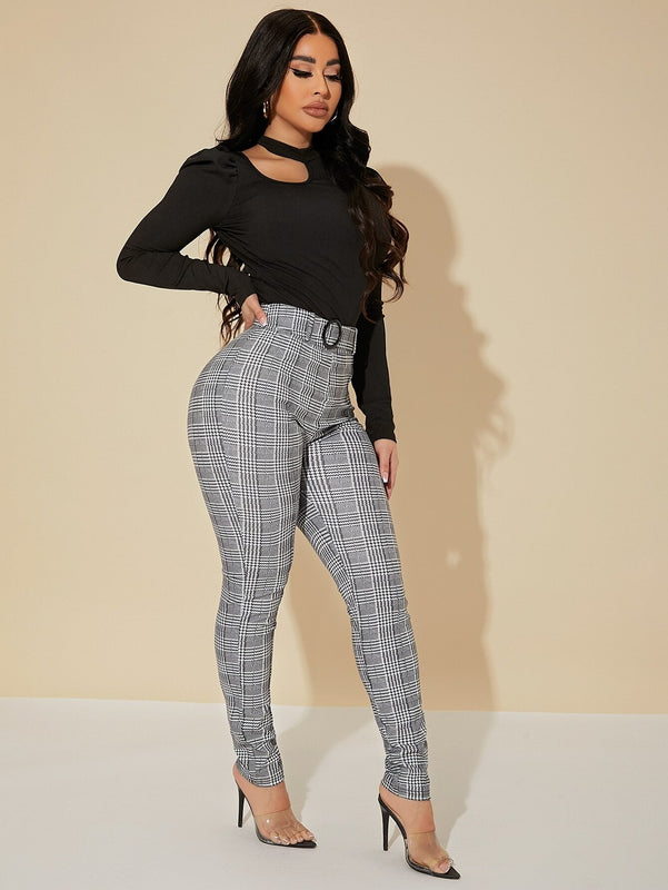 SXY Pantalones Sexys De Cintura Alta Con Cinturon De Cuadros Glen