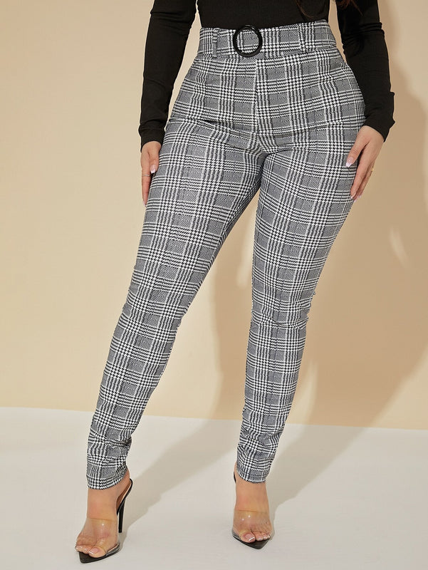 SXY Pantalones Sexys De Cintura Alta Con Cinturon De Cuadros Glen